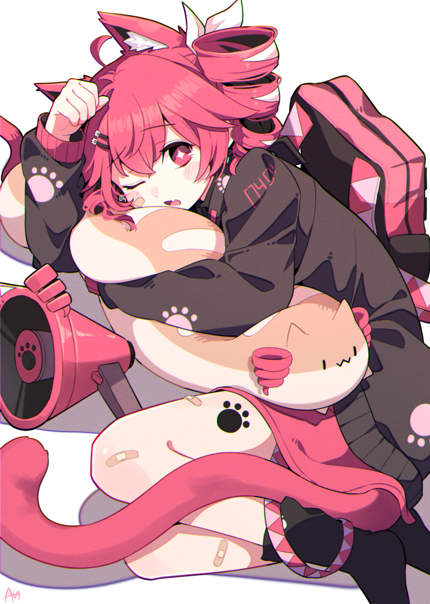 +_+, 1girl, ahoge, animal_ear_fluff, animal_ears, backpack, bag, bandaid