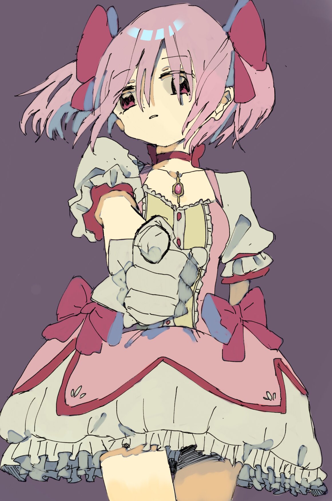 1girl, bow, chest_jewel, commentary, cowboy_shot, dress, expressionless, grey_background
