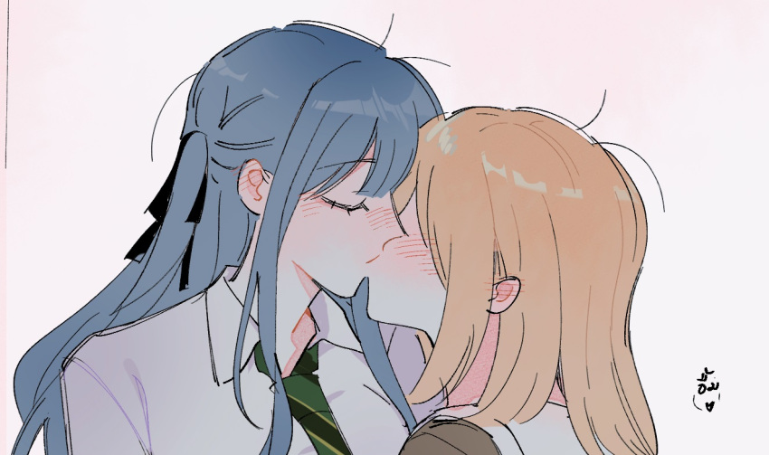 2girls, bang_dream!, bang_dream!_it's_mygo!!!!!, black_ribbon, blonde_hair, blue_hair, blush, closed_eyes, commentary, ear_blush, green_necktie, hair_ribbon, haneoka_school_uniform, kiss, long_hair, maybecrosswise, medium_hair, misumi_uika, multiple_girls, necktie, pink_background, ribbon, sailor_collar, school_uniform, shirt, simple_background, togawa_sakiko, white_sailor_collar, white_shirt, yuri