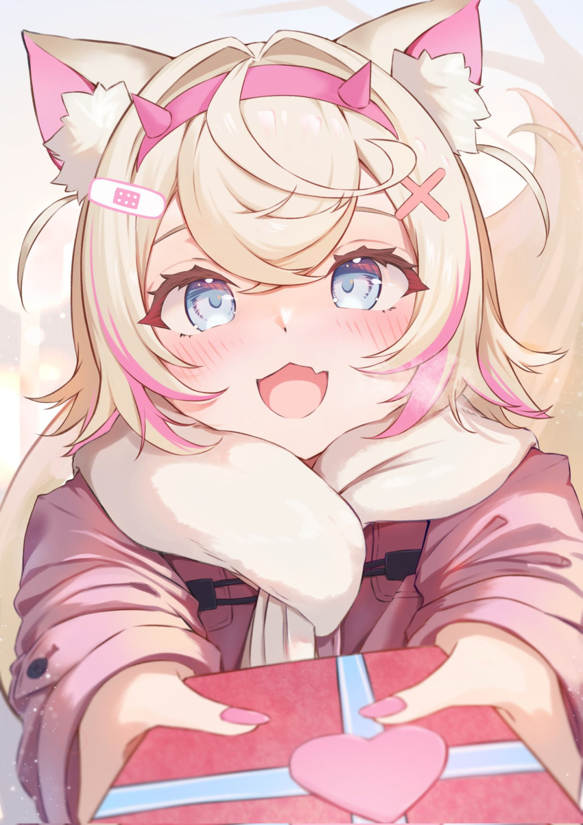 1girl, :3, :d, alternate_costume, animal_ear_fluff, animal_ears, bandaid, bandaid_hair_ornament, blonde_hair, blue_eyes, blush, box, commentary, corrupted_twitter_file, crossed_bangs, dog_ears, dog_girl, dog_tail, double-parted_bangs, english_commentary, fake_horns, fang, gift, gift_box, hair_between_eyes, hair_intakes, hair_ornament, hairband, highres, holding, holding_gift, hololive, hololive_english, horns, incoming_gift, jacket, looking_at_viewer, mococo_abyssgard, multicolored_hair, namakatsu, pink_hair, pink_hairband, pink_jacket, pink_nails, pov, reaching, reaching_towards_viewer, scarf, short_hair, skin_fang, smile, solo, streaked_hair, tail, two_side_up, virtual_youtuber, white_scarf, x_hair_ornament