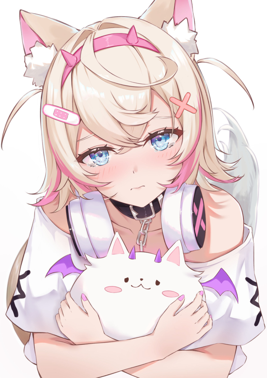 1girl, absurdres, animal_collar, animal_ear_fluff, animal_ears, bandaid, bandaid_hair_ornament, bare_shoulders, black_collar, blonde_hair, blue_eyes, blush, closed_mouth, collar, collarbone, creature, cropped_shirt, crossed_bangs, dog_ears, dog_girl, dog_tail, double-parted_bangs, fake_horns, hair_between_eyes, hair_intakes, hair_ornament, hairband, headphones, headphones_around_neck, highres, holding, holding_creature, hololive, hololive_english, horns, looking_at_viewer, mascot, mococo_abyssgard, mococo_abyssgard_(1st_costume), multicolored_hair, namakatsu, off-shoulder_shirt, off_shoulder, perroccino_(fuwamoco), pink_hair, pink_hairband, shirt, short_hair, simple_background, solo, streaked_hair, t-shirt, tail, tearing_up, two_side_up, upper_body, virtual_youtuber, white_background, white_shirt, x_hair_ornament