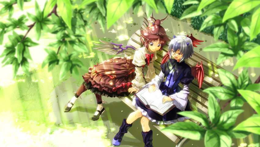 bad_id, bench, bespectacled, book, dress, glasses, hat, head_wings, horns, leaning_forward, multicolored_hair, multiple_girls, mystia_lorelei, nature, outdoors, pince-nez, pink_hair, reading, shiba_itsuki, short_hair, sitting, spectacles, tokiko_(touhou), touhou, two-tone_hair, winged_shoes, wings