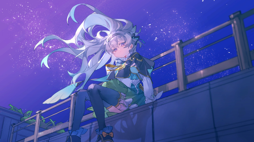 1girl, absurdres, aqua_hair, aqua_skirt, aqua_thighhighs, black_jacket, black_thighhighs, closed_mouth