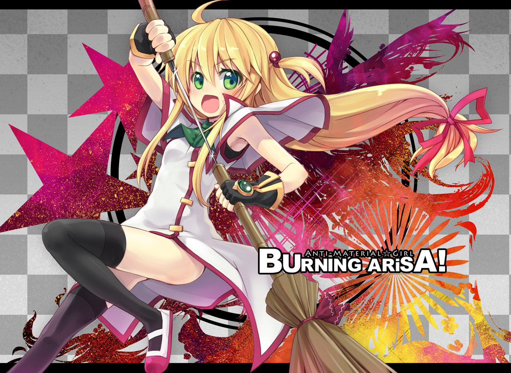 blonde_hair, bow, burning_arisa, fingerless_gloves, gloves, hair_bobbles, hair_bow, hair_ornament, hair_ribbon, long_hair, mahou_shoujo_lyrical_nanoha, mahou_shoujo_lyrical_nanoha_a's, mahou_shoujo_lyrical_nanoha_a's, minamura_haruki, open_mouth, ribbon, shoes, side_slit, solo, sword, thigh-highs, thighhighs, uwabaki, weapon