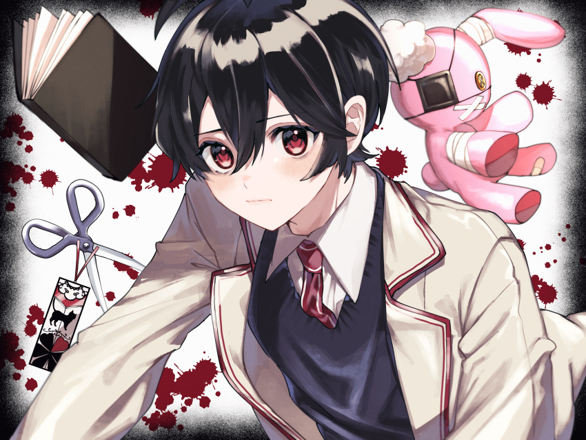1boy, a-ya_(shuuen_no_shiori), absurdres, blood, blood_splatter, book, bookmark, button_eyes