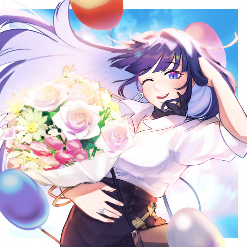 1girl, ;d, absurdres, balloon, black_skirt, blue_sky, bouquet, collaboration