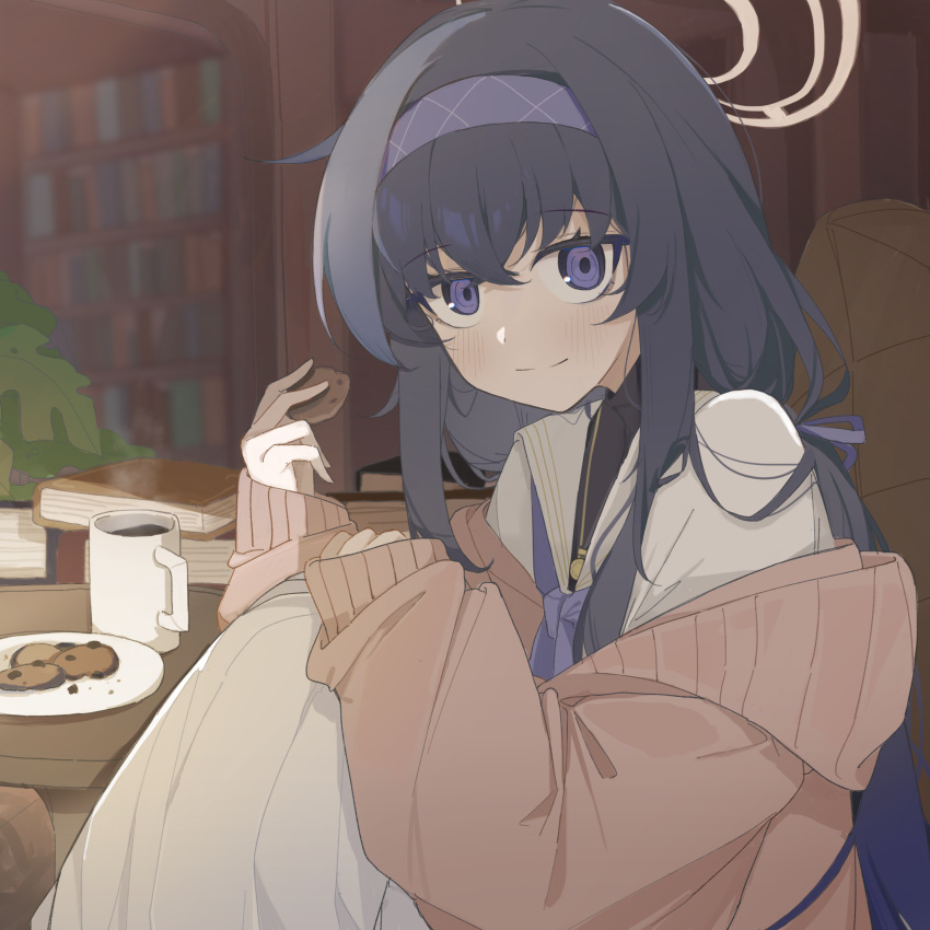 1girl, bags_under_eyes, black_hair, blue_archive, blue_eyes, book, book_stack, bookshelf