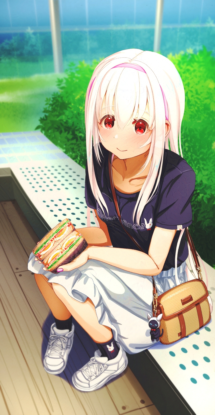1girl, aiuabo, bag, bag_charm, bench, between_breasts, black_t-shirt, blush