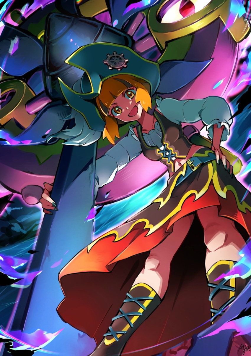 1girl, :d, ayo_(ayosanri009), black_hair, blunt_bangs, dhelmise, from_below, gardenia_(pokemon)