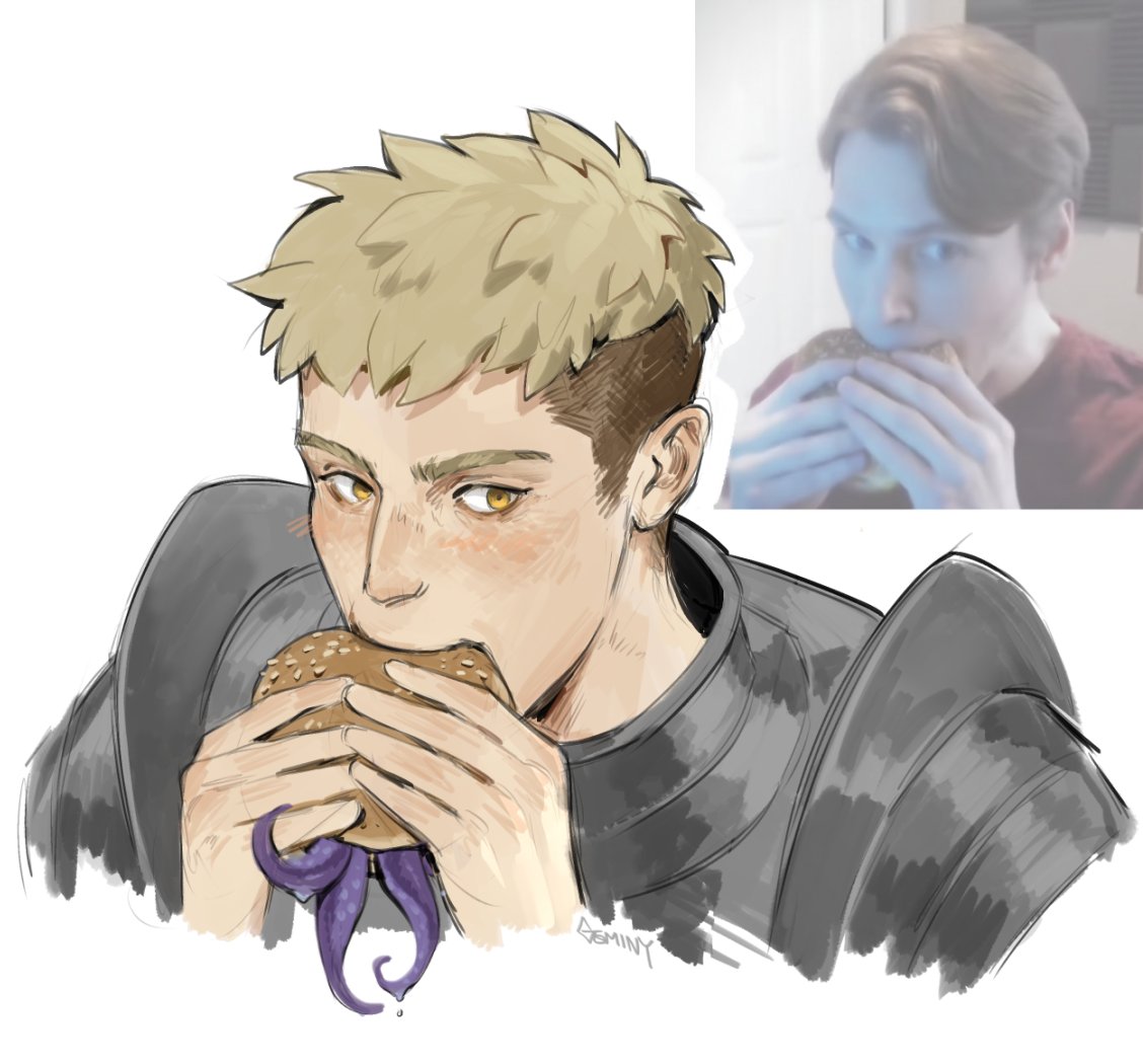 1boy, armor, artist_name, blonde_hair, burger, dungeon_meshi, eating, english_commentary, food, gem1ny, hands_up, holding, holding_food, jerma985, jerma985_eating_a_whopper_(meme), laios_touden, looking_at_viewer, male_focus, meme, open_mouth, pauldrons, reference_inset, short_hair, shoulder_armor, tentacles, undercut, upper_body, very_short_hair, white_background, yellow_eyes