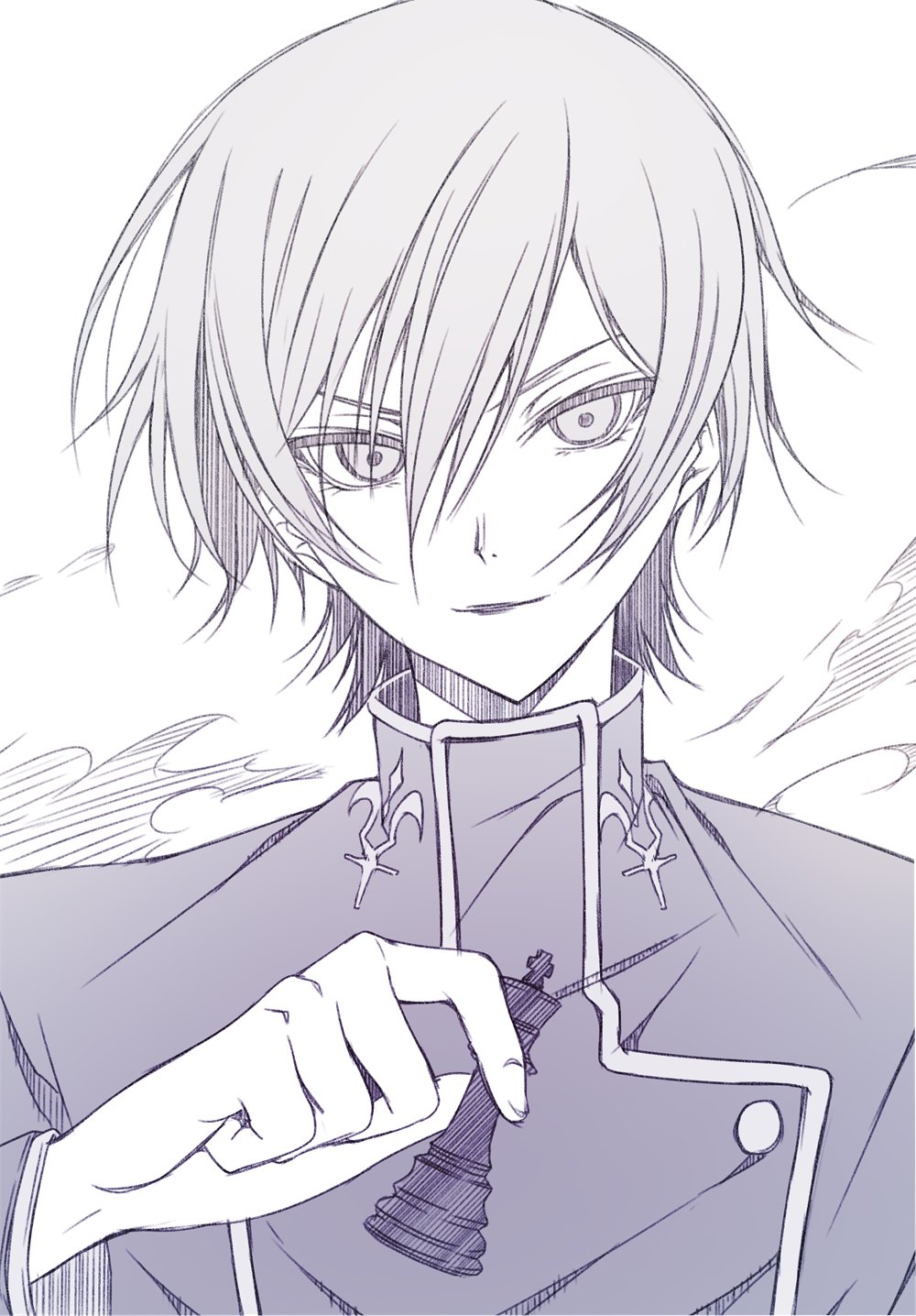 1boy, ashford_academy_school_uniform, chess_piece, code_geass, counter:side, greyscale, hair_between_eyes, highres