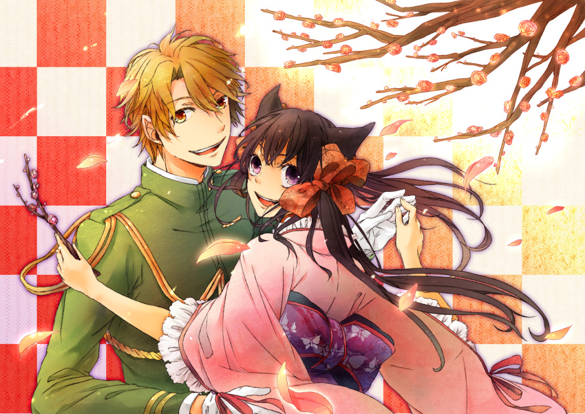 1girl, agemaki_kei, aiguillette, animal_ears, black_hair, blonde_hair, bow, branch