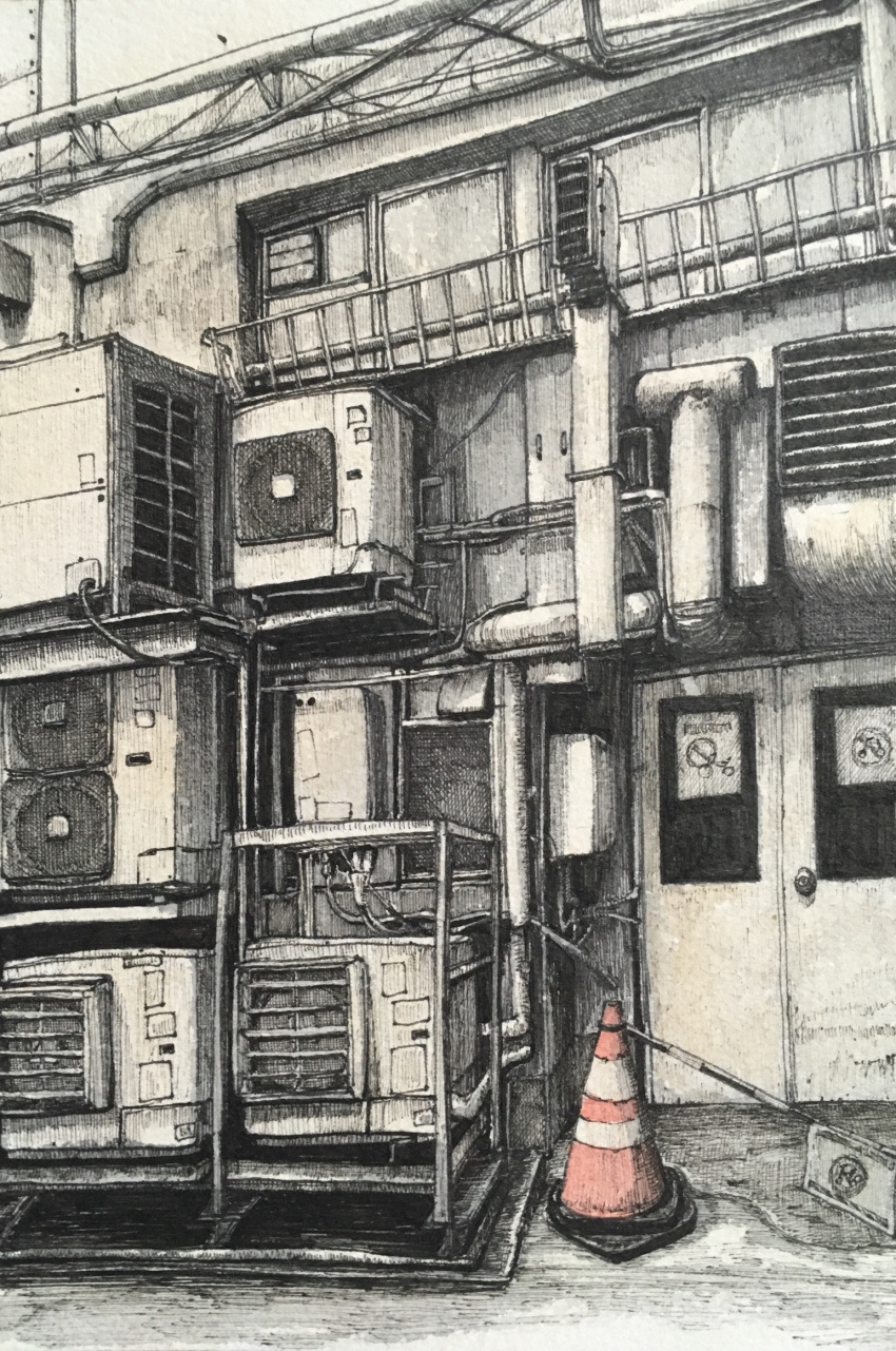 air_conditioner, air_vent, cable, door, electric_panel, graphite_(medium), highres, ibsukionsen