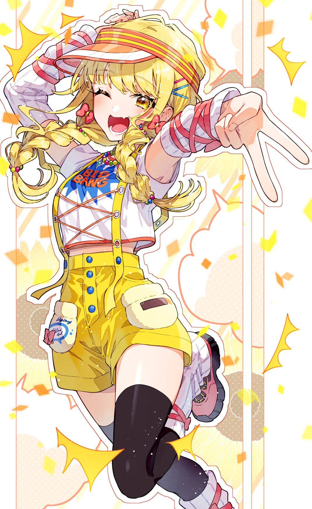 1girl, ;d, ^^^, arms_up, black_thighhighs, blonde_hair, braid, commentary_request, fujita_kotone, gakuen_idolmaster, gyaru_v, hair_ornament, hairclip, highres, idolmaster, leg_up, long_hair, looking_at_viewer, low_twin_braids, midriff, official_alternate_costume, one_eye_closed, open_mouth, orange_visor, sakuragi_ren, shirt, short_sleeves, shorts, sidelocks, smile, solo, suspender_shorts, suspenders, thigh-highs, twin_braids, v, visor_cap, white_arm_warmers, white_shirt, yellow_background, yellow_big_bang!_(idolmaster), yellow_eyes, yellow_shorts