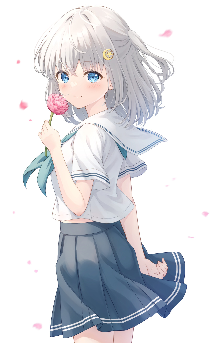 1girl, absurdres, aqua_neckerchief, arm_behind_back, blue_eyes, blush, commentary_request, cowboy_shot, crescent, crescent_hair_ornament, falling_petals, flower, from_side, grey_hair, grey_skirt, hair_ornament, highres, holding, holding_flower, looking_at_viewer, looking_to_the_side, medium_hair, midriff_peek, miniskirt, neckerchief, one_side_up, original, petals, pink_petals, pleated_skirt, satsuki_(yutuki_ame), school_uniform, serafuku, shirt, short_sleeves, simple_background, skirt, solo, star_(symbol), star_hair_ornament, white_background, white_shirt, wind, yutuki_ame