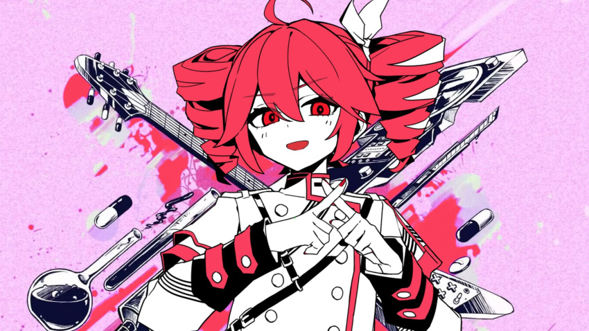 1girl, bilibili_308779336, boxcutter, buttons, commentary_request, double-breasted, drill_hair, electric_guitar