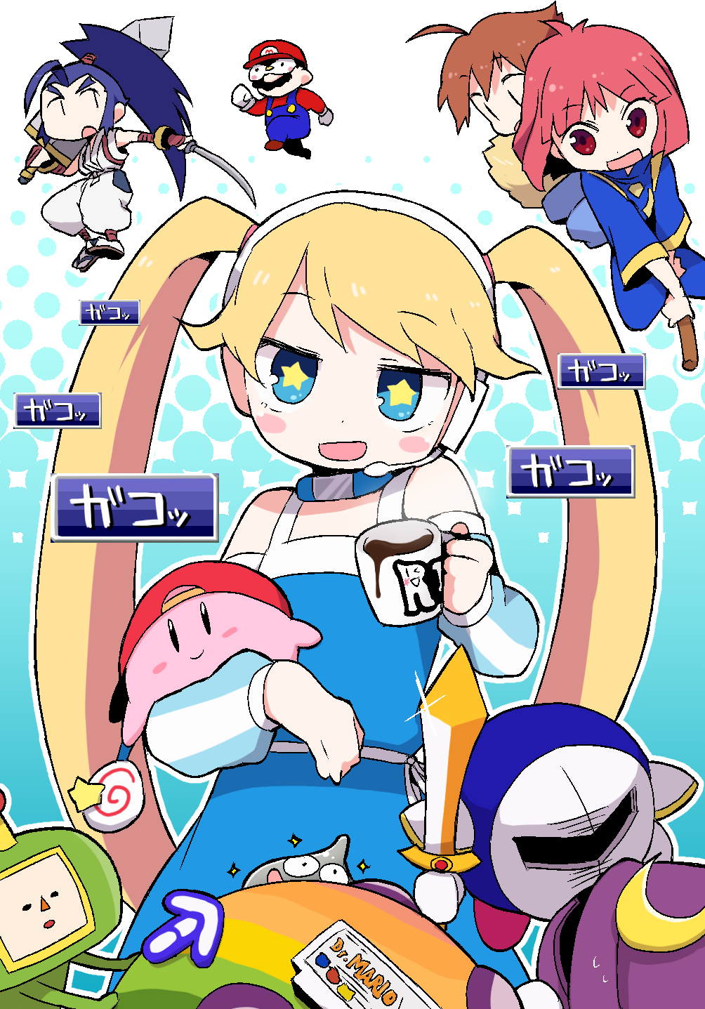 blonde_hair, blue_dress, blush_stickers, brave_fencer_musashiden, cotton_(character), cotton_(game), cup, dokan_(dkn)