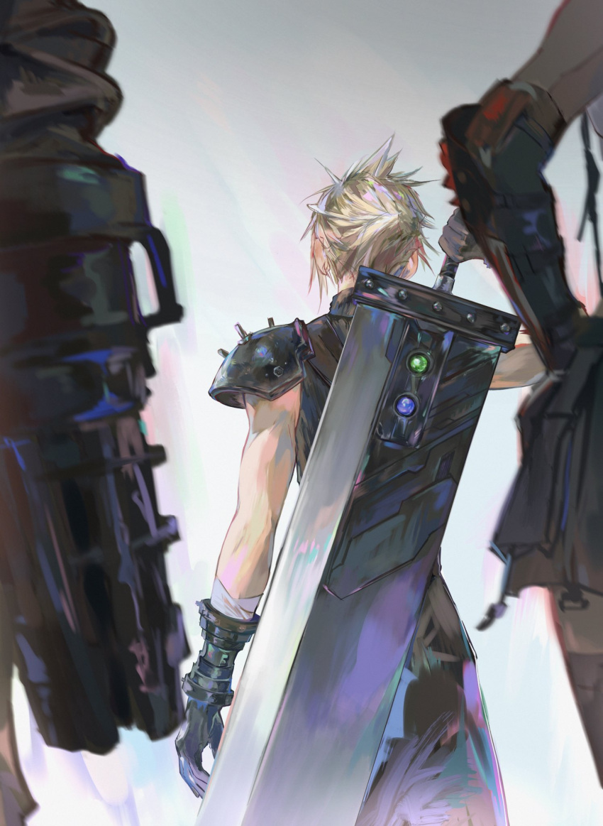 1girl, 2boys, arm_cannon, armor, baggy_pants, barret_wallace, black_skirt, black_thighhighs