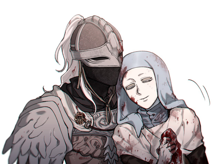 1boy, 1other, blood, bloody_wolf_(elden_ring), cloak, closed_eyes, closed_mouth, commentary_request, cowl, elden_ring, english_commentary, grey_hood, helm, helmet, mina_(als_dk), mixed-language_commentary, simple_background, smile, tarnished_(elden_ring), white-faced_varre, white_background, white_mask