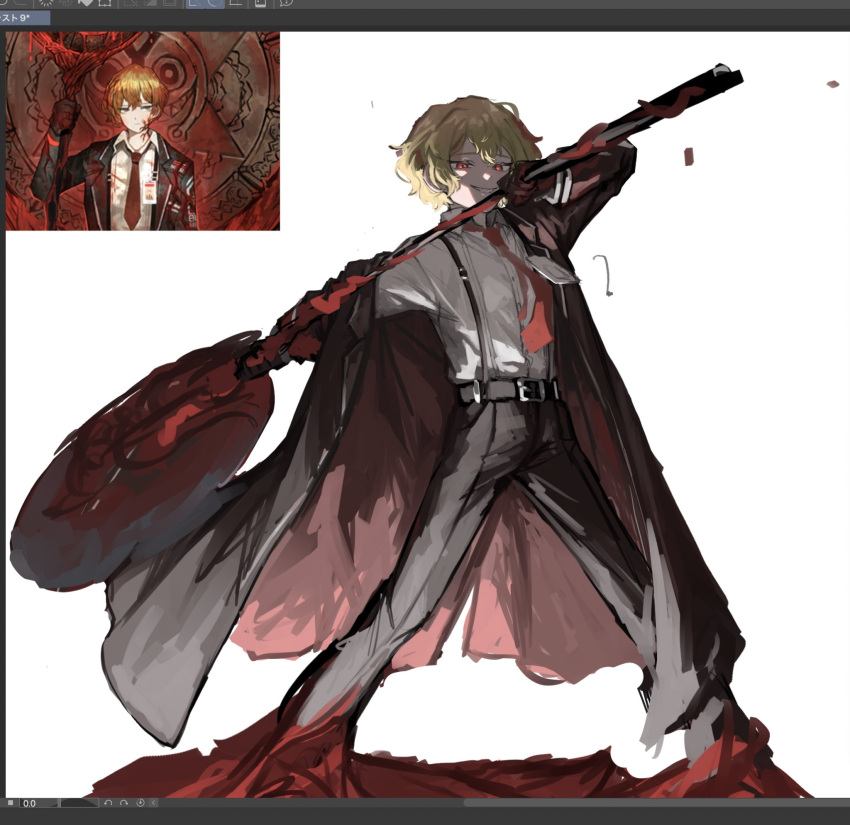 1boy, black_coat, black_pants, blonde_hair, blood, coat, doomsday_calendar_(project_moon), e.g.o_(project_moon), flesh, full_body, grin, highres, holding, holding_weapon, impending_day_(e.g.o), limbus_company, long_sleeves, looking_at_viewer, necktie, pants, project_moon, red_eyes, red_necktie, sinclair_(project_moon), smile, suspenders, upi_(ukn18pkanother), weapon