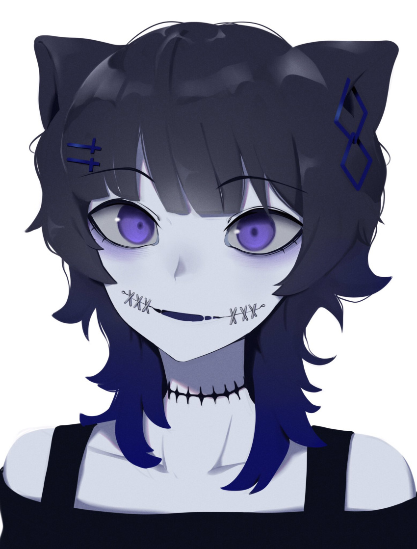 1boy, animal_ears, bare_shoulders, black_hair, cat_boy, cat_ears, close-up, collarbone