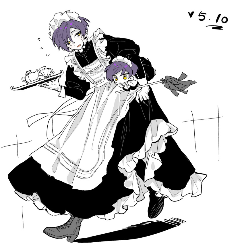 2boys, apron, black_dress, boots, clone, cup, dress, duster, frilled_dress, frills, highres, holding, holding_duster, holding_miniperson, holding_tray, juliet_sleeves, kyohee83, lobotomy_corporation, long_sleeves, maid, maid_apron, maid_headdress, mini_person, miniboy, multiple_boys, open_mouth, project_moon, puffy_sleeves, purple_hair, teacup, teapot, tray, yellow_eyes, yesod_(project_moon)
