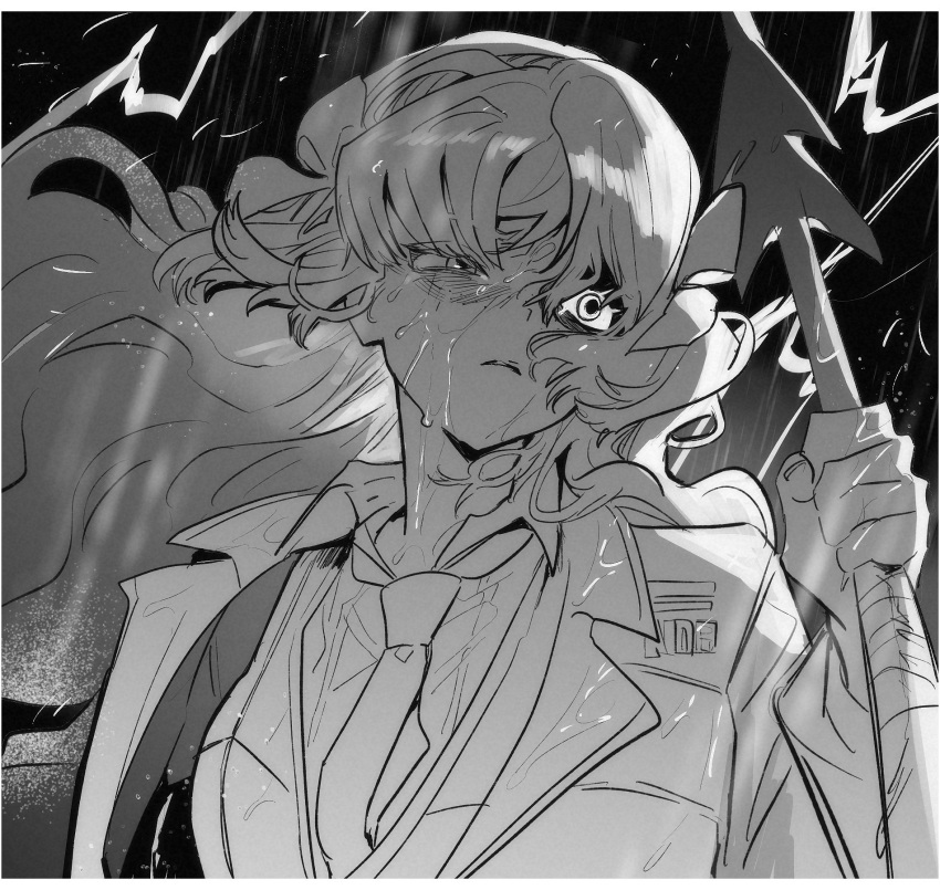 1girl, bow, coat, collared_shirt, floating_hair, greyscale, hair_bow, hairband