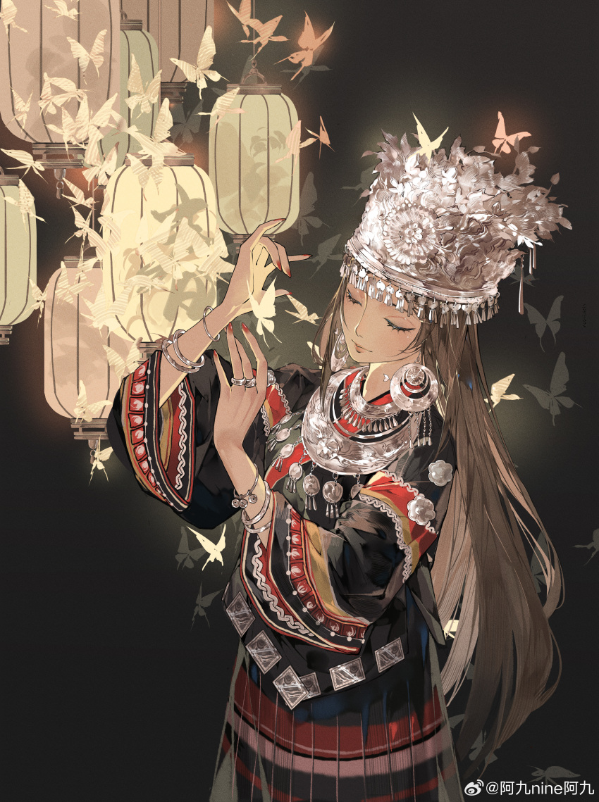 1girl, absurdres, ajiu_nine_ajiu, aoqun, black_background, bracelet, brown_hair, bug