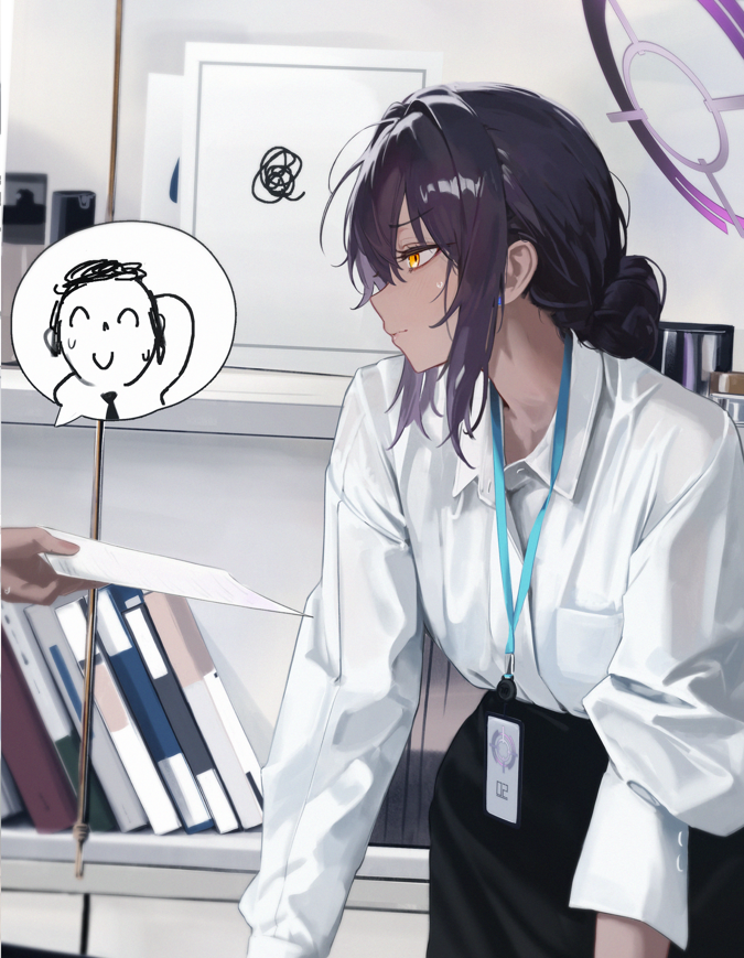 1boy, 1girl, alternate_hairstyle, black_hair, black_skirt, blue_archive, book, closed_mouth
