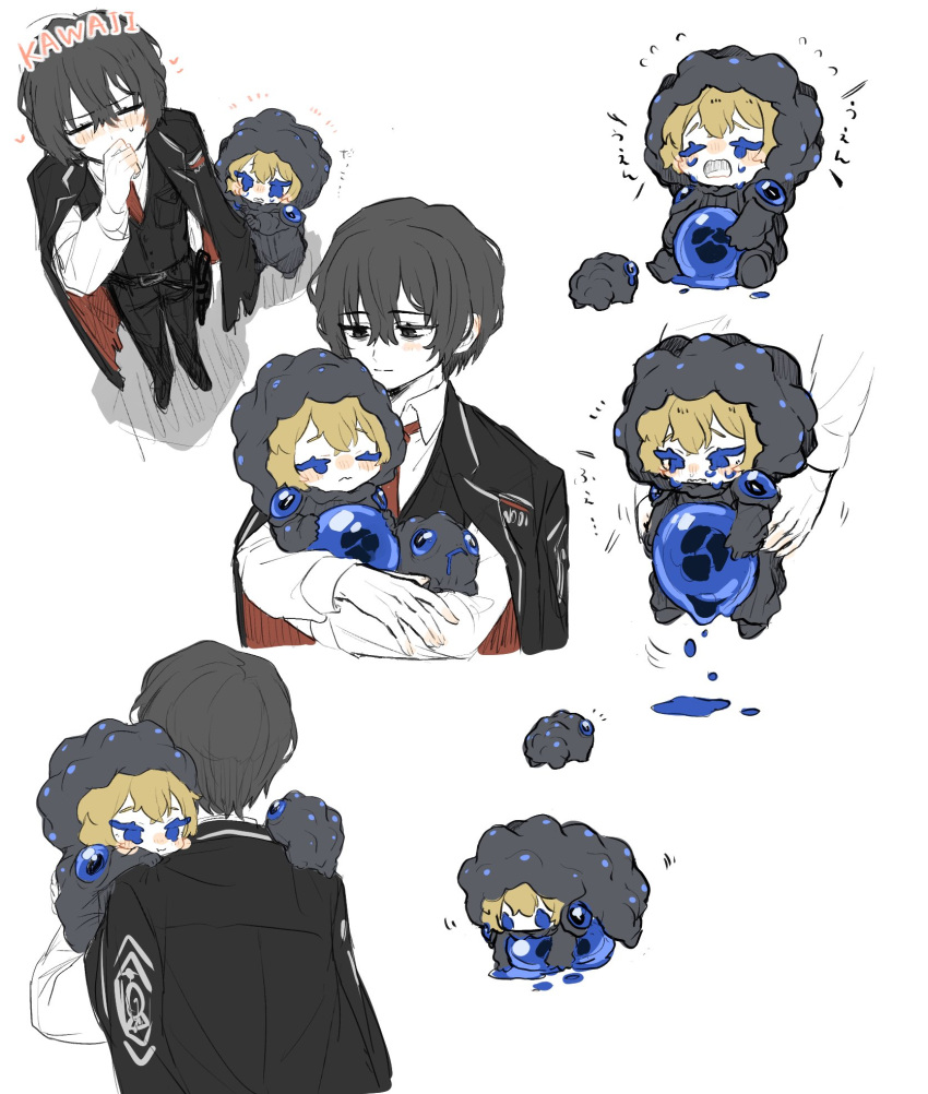 2boys, black_coat, black_eyes, black_hair, blubbering_toad_(project_moon), carrying, carrying_person, cavernous_wailing_(e.g.o)
