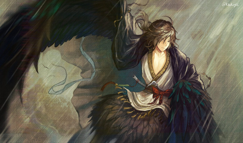 1boy, animal_feet, artist_name, bird_legs, bird_wings, brown_eyes, brown_hair, brown_wings