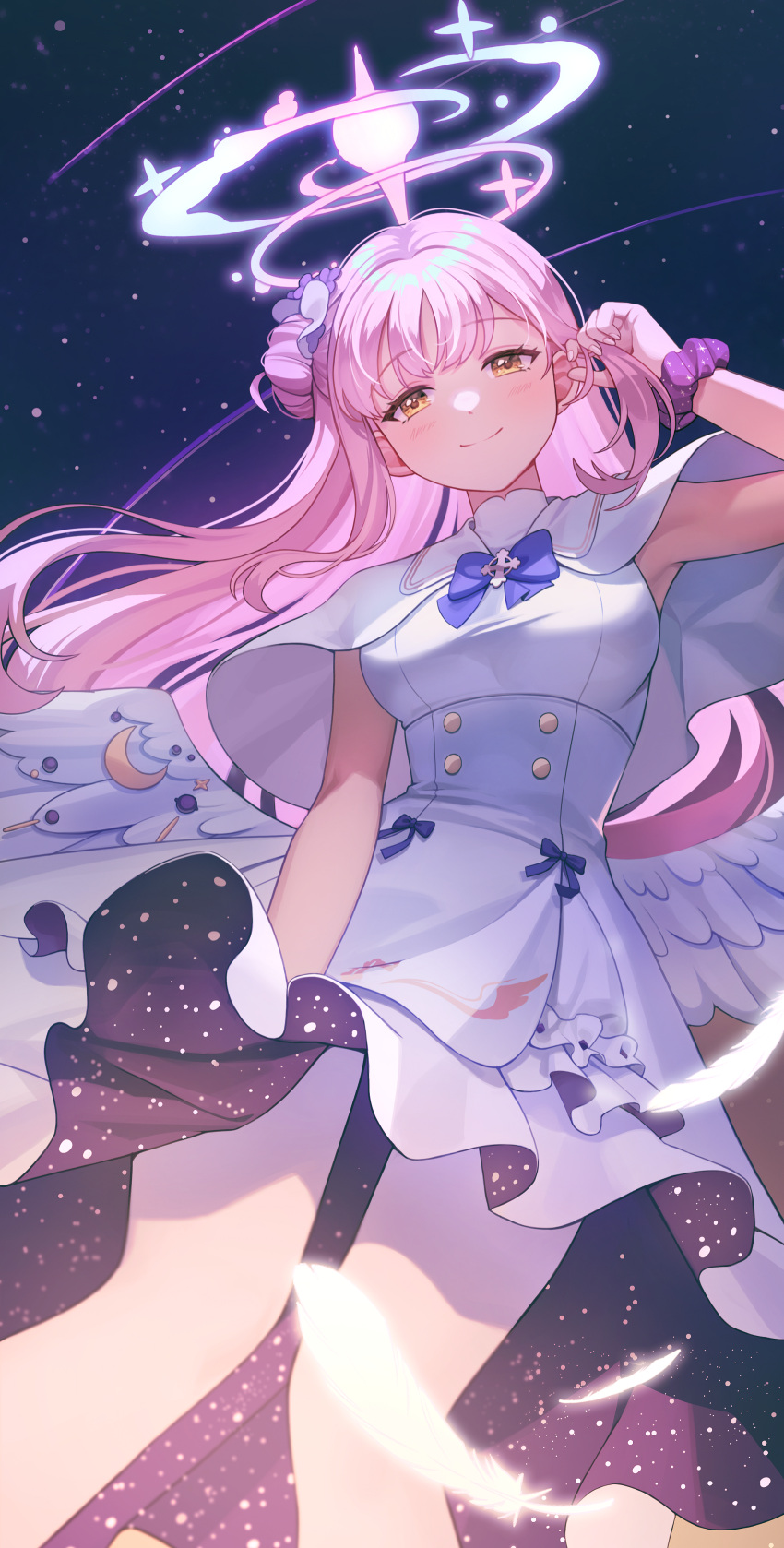 1girl, absurdres, angel_wings, blue_archive, blush, breasts, closed_mouth, crescent