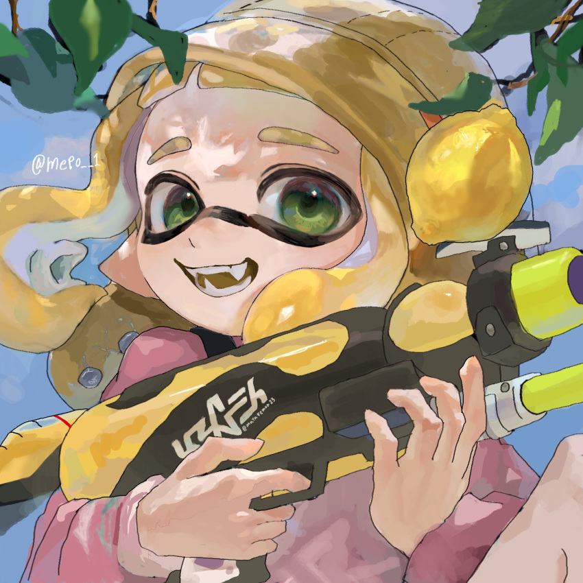 1girl, blonde_hair, commentary_request, food, fruit, green_eyes, gun, hat