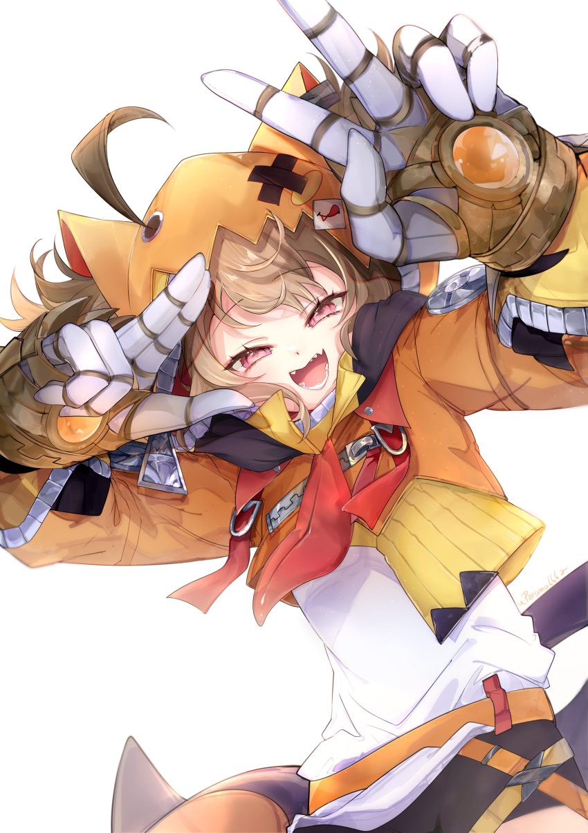 1girl, absurdres, animal_ear_hood, gigi_murin, hair_through_hood, highres, hololive, hood, multicolored_hair, red666, sharp_teeth, short_hair, simple_background, smile, solo, teeth, white_background