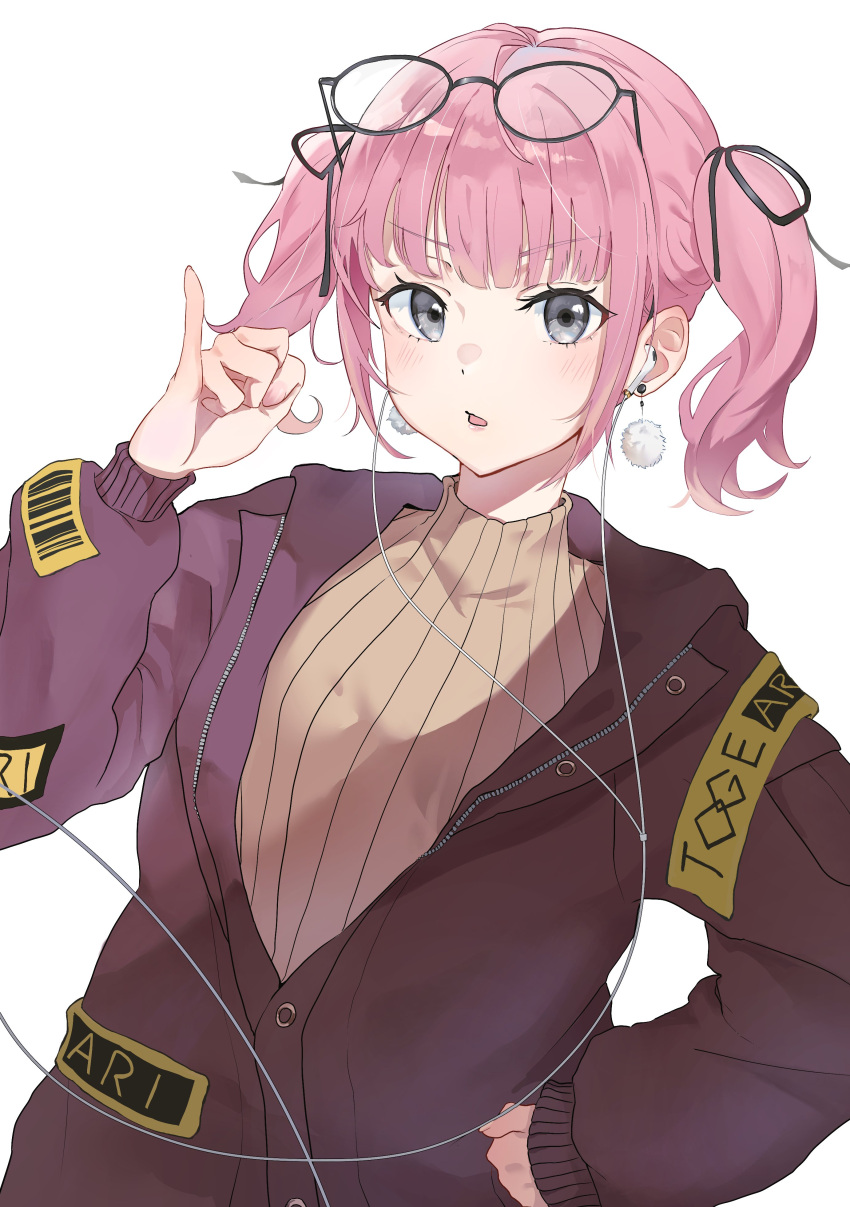 1girl, absurdres, black-framed_eyewear, black_ribbon, blush, brown_sweater, commentary, earphones