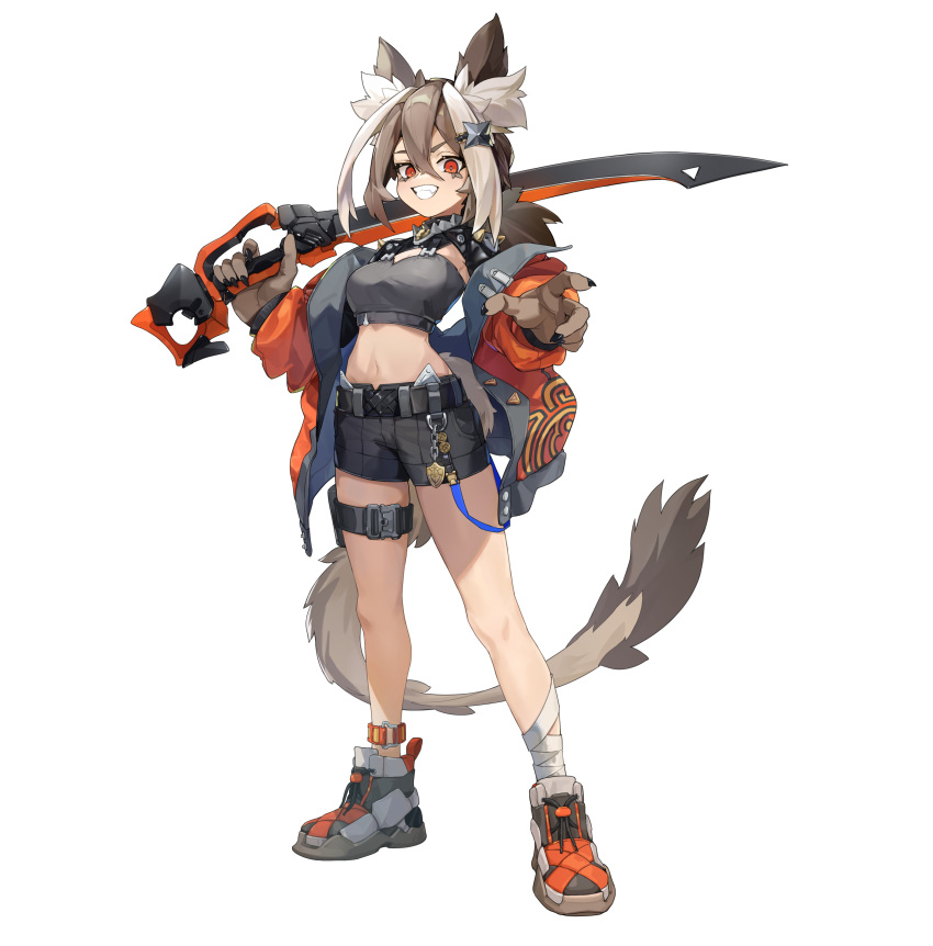 1girl, above_cleavage_cutout, absurdres, animal_ears, animal_hands, ankle_belt, asymmetrical_legwear, bandaged_ankle