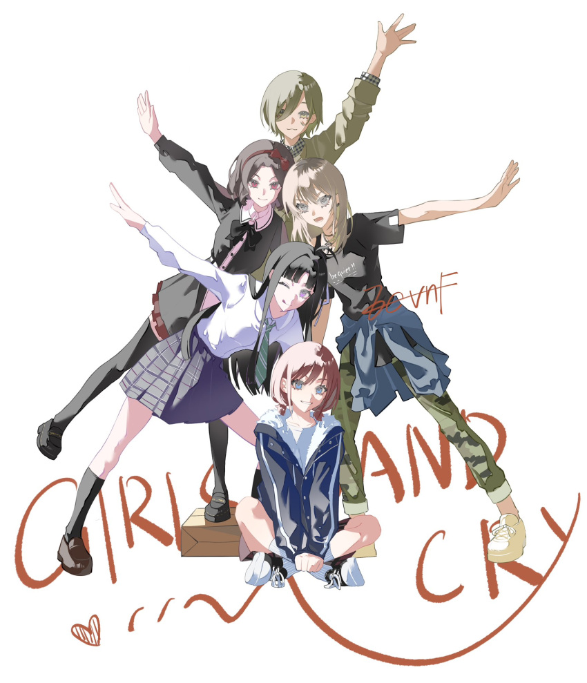 5girls, :3, ahoge, arm_up, awa_subaru, black_bow, black_bowtie, black_dress