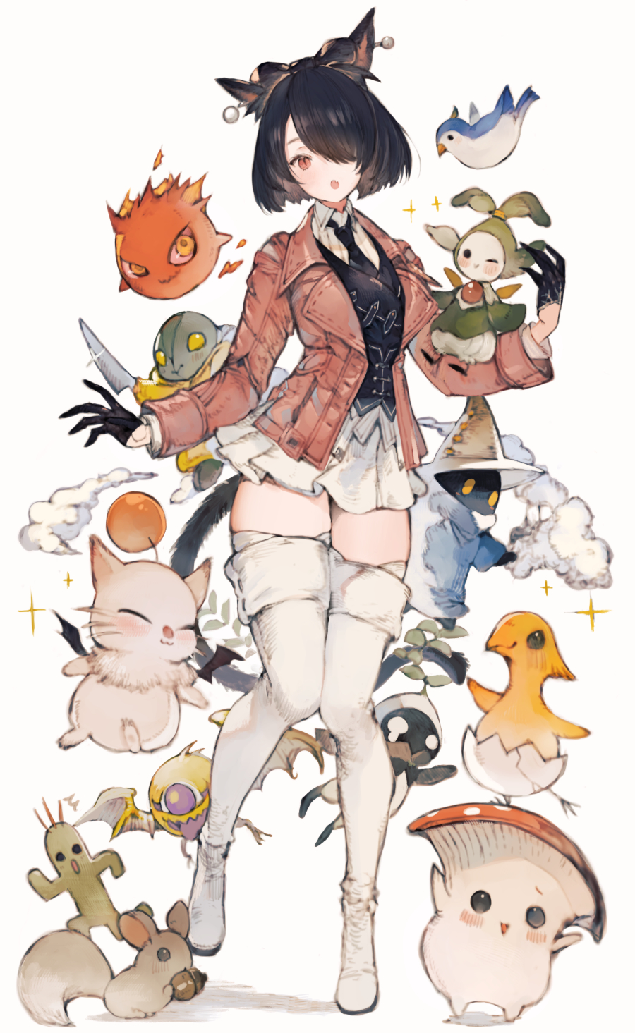 1girl, animal_ears, bird, black_gloves, black_hair, bomb_(final_fantasy), boots, broken_egg