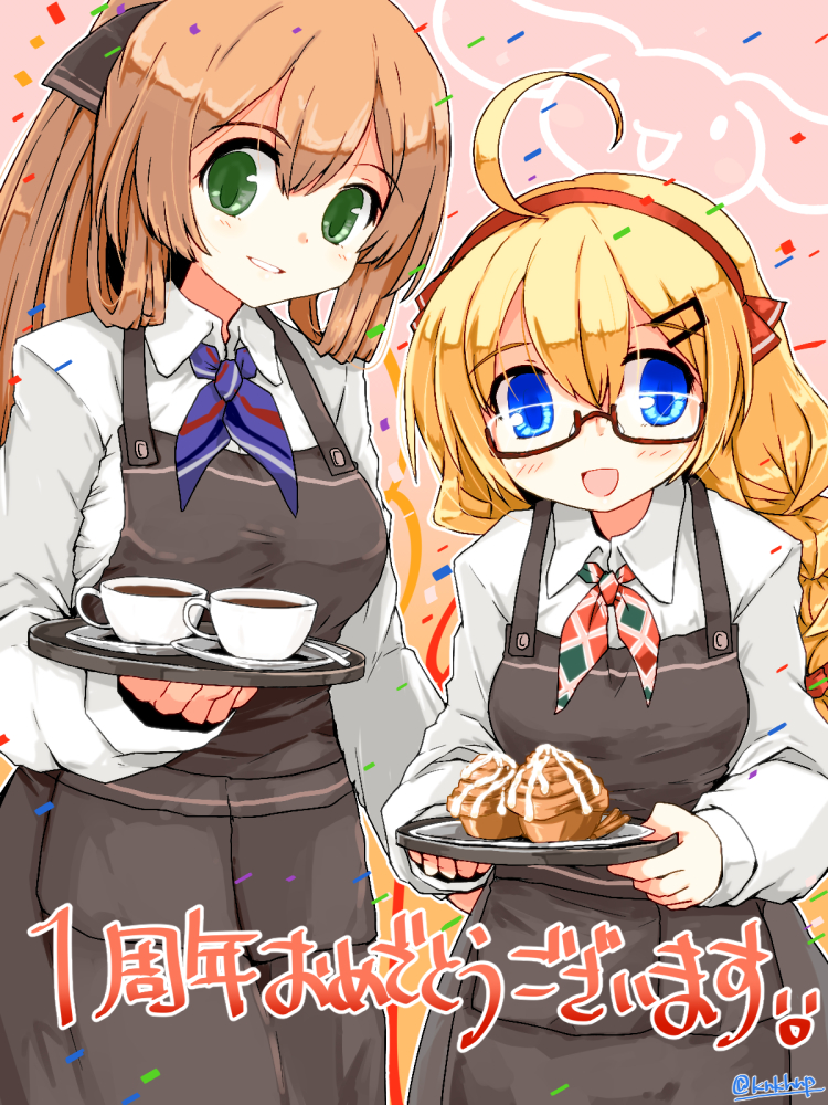 2girls, ahoge, apron, blonde_hair, blouse, blue_eyes, braid, cinnamon_(food)