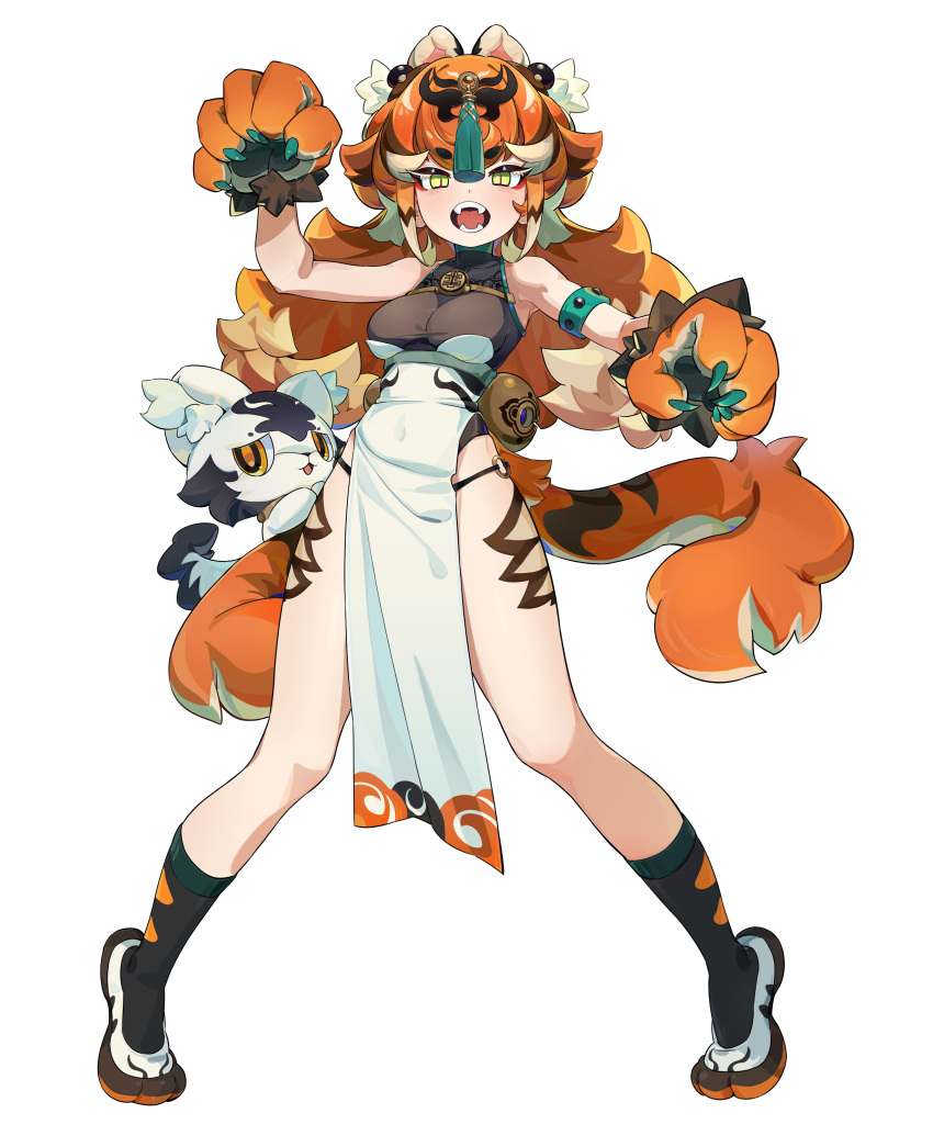 1girl, absurdres, animal, animal_ears, animal_hands, animal_on_tail, arm_up, armlet