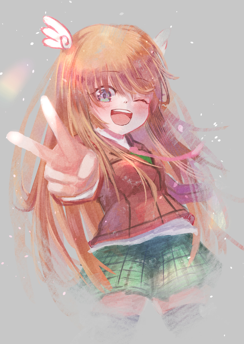 1girl, absurdres, blue_eyes, blush, cowboy_shot, green_skirt, hair_ornament, highres
