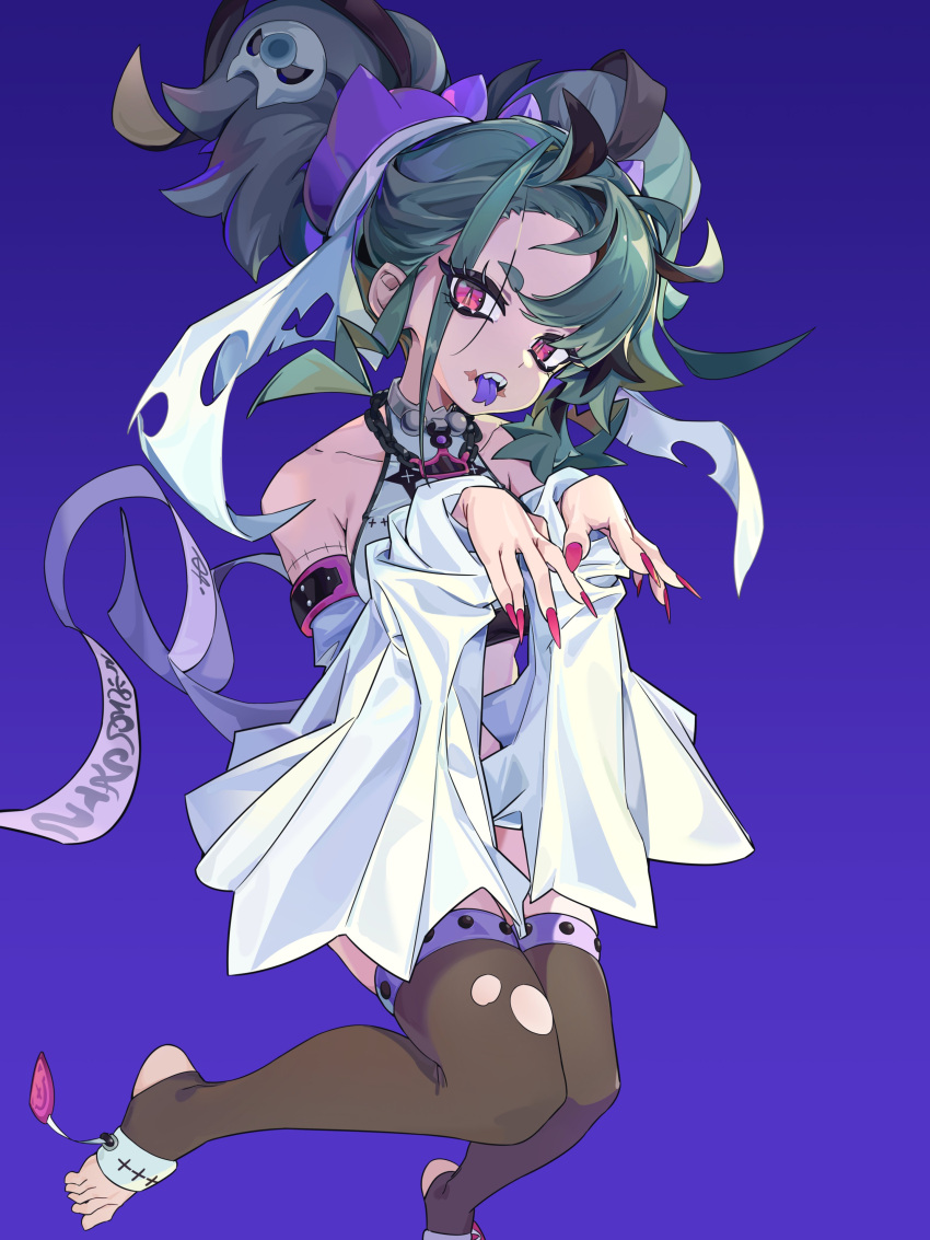 1girl, :p, absurdres, aqua_hair, armlet, bare_shoulders, black_thighhighs, blue_background
