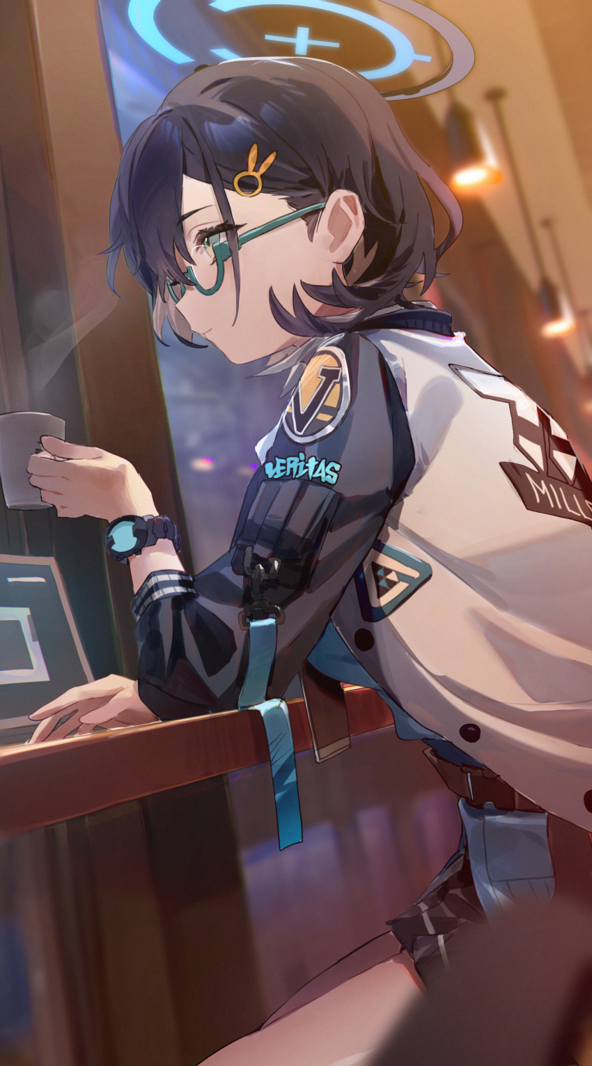 1girl, absurdres, aqua-framed_eyewear, black_hair, blue_archive, blue_eyes, blue_halo, blurry