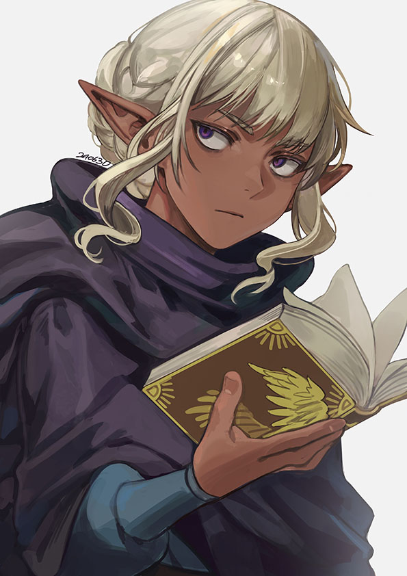 1boy, androgynous, book, braid, braided_bun, dark-skinned_male, dark_elf, dark_skin, dated, dungeon_meshi, elf, hair_bun, holding, holding_book, long_sidelocks, moon_(bio7124), pointy_ears, purple_tunic, robe, short_bangs, sidelocks, simple_background, solo, thistle_(dungeon_meshi), violet_eyes, wavy_hair, white_hair