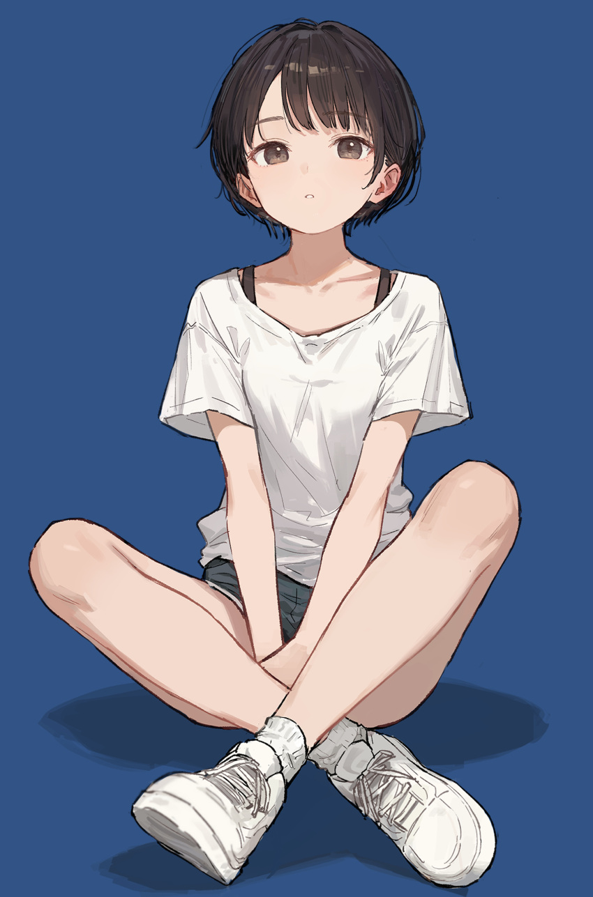 1girl, akipeko, bare_legs, black_shorts, blue_background, brown_eyes, brown_hair, collarbone