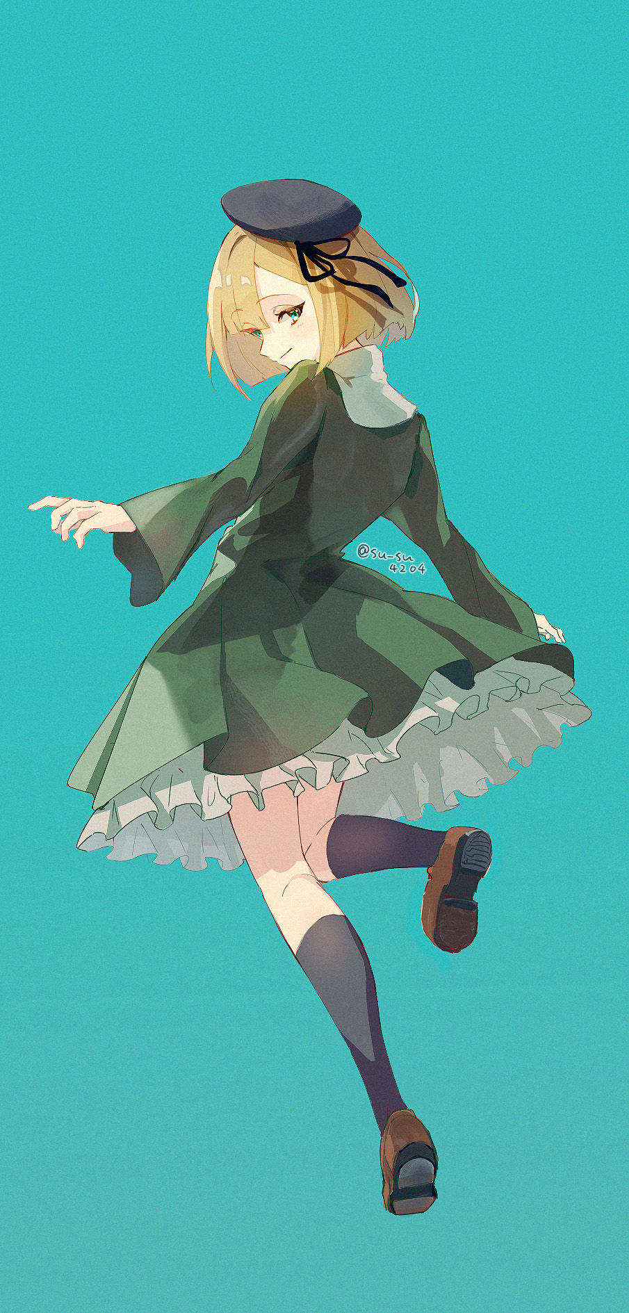 1girl, aged_down, beret, black_hat, black_ribbon, black_socks, blonde_hair, blue_eyes