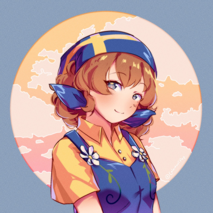 1girl, brown_hair, calamaripop, curly_hair, english_commentary, flag_print, highres, ikea