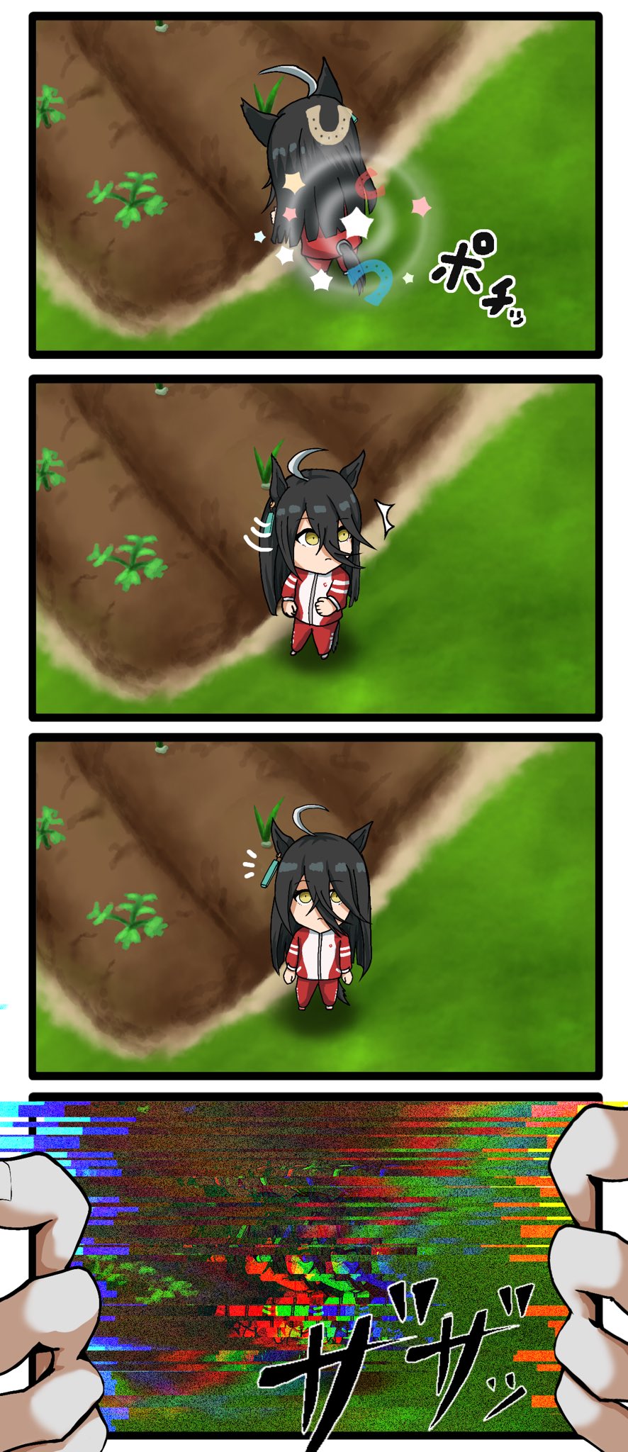 1girl, ahoge, animal_ears, black_hair, chibi, closed_mouth, commentary_request, field