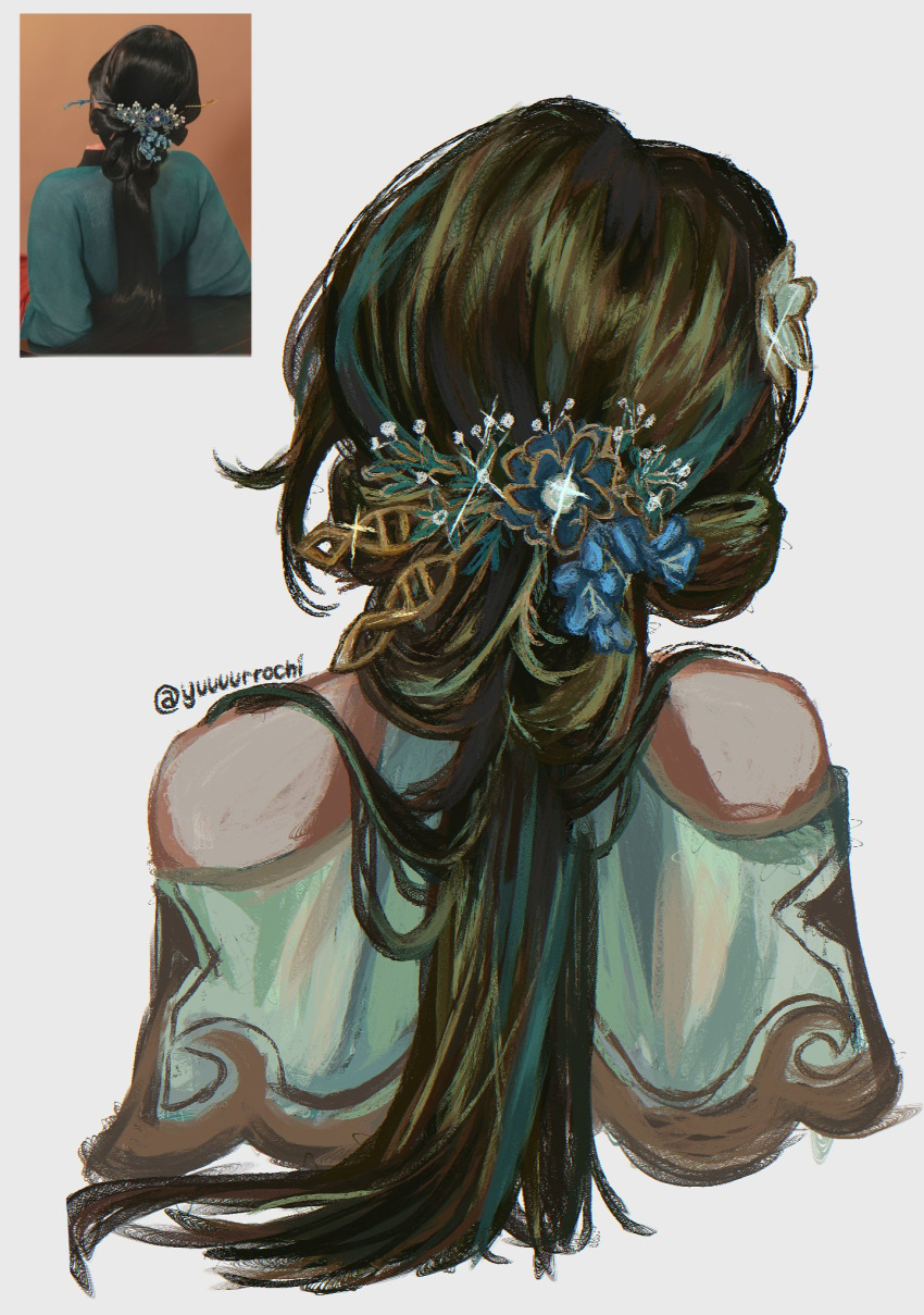 1girl, black_hair, capelet, clothing_cutout, cropped_torso, flower, from_behind, green_capelet, hair_flower, hair_focus, hair_ornament, hair_stick, highres, honkai:_star_rail, honkai_(series), kiryuu_(yuuuurrochi), long_hair, photo-referenced, photo_inset, reference_inset, ruan_mei_(honkai:_star_rail), shoulder_cutout, solo, twitter_username, white_background