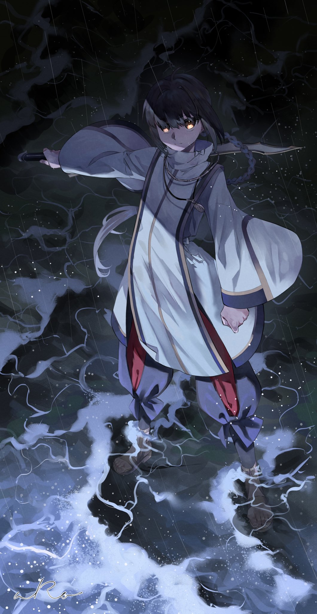 1other, ahoge, amulet, androgynous, aro_16666, black_hair, braid, dark, fate/grand_order, fate/samurai_remnant, fate_(series), hair_intakes, highres, holding, holding_sword, holding_weapon, japanese_clothes, jewelry, long_braid, long_sleeves, necklace, rain, sandals, sidelocks, single_braid, sword, water, weapon, yamato_takeru_(fate), yellow_eyes